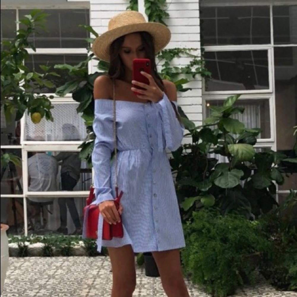 Blue & White Stripe Off the Shoulder Dress